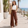 European and American High-Waisted Tie Belt Wide Leg Pants for Women, Casual Holiday Color Draped Pants