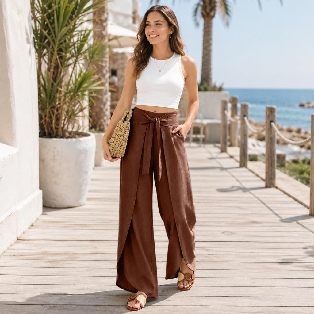 European and American High-Waisted Tie Belt Wide Leg Pants for Women, Casual Holiday Color Draped Pants