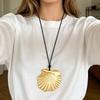 Bohemian Beach Style Necklace with Large Shell Matte Gold Pendant On Black Leather Cord
