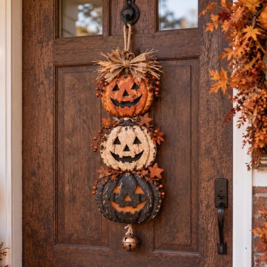 Durable Composite Resin Craft Halloween Stacked Pumpkin Door Hanger, Vintage Jack‑O‑Lantern Wall Hanging Ornament, Farmhouse Fall Home Accents
