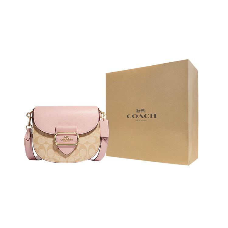 New COACH Morgan Canvas With Sheepskin Saddle Bag Shoulder Bag Crossbody Bag Small Size Women's Khaki Monogram & Pink CF410-IMSWZ