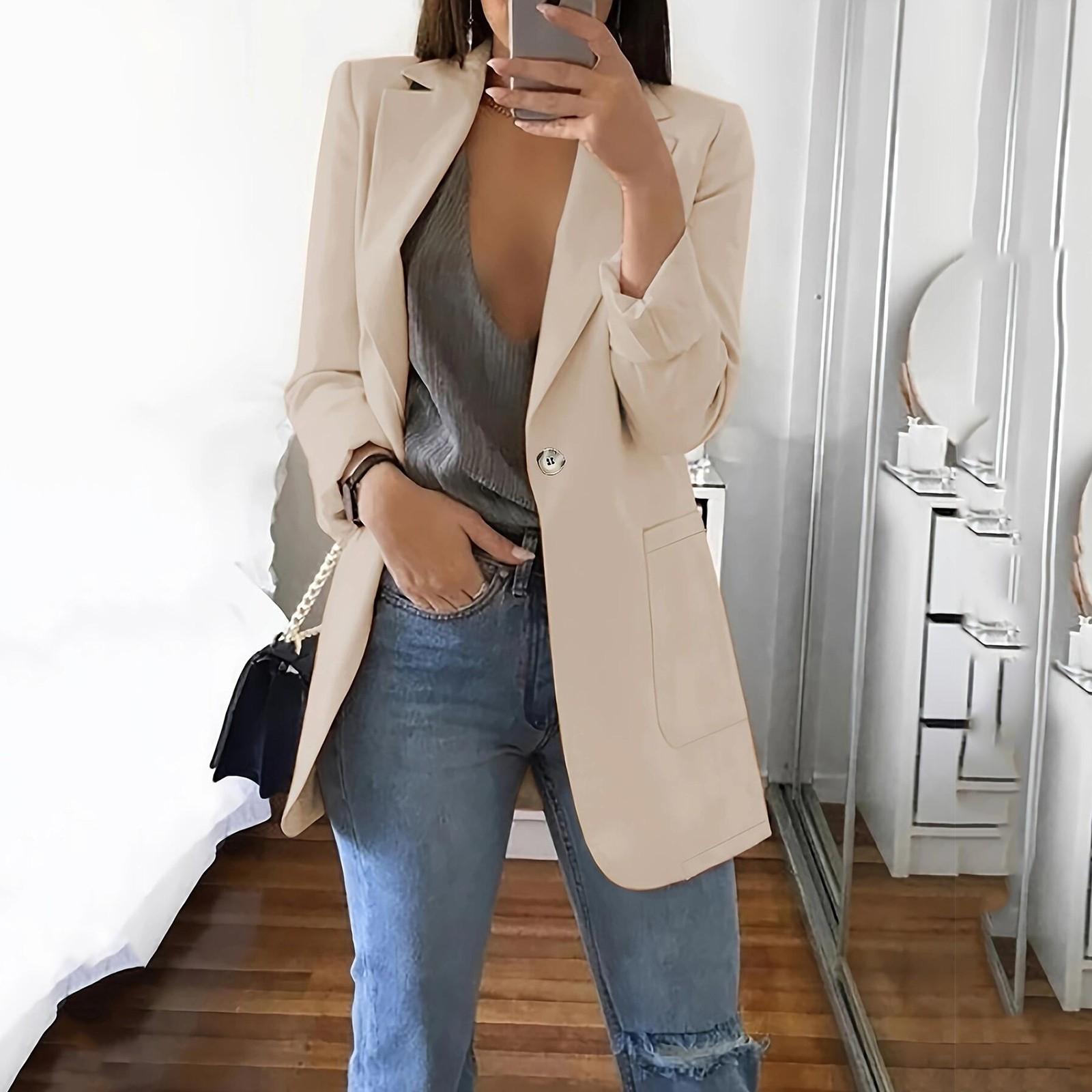 

Женский однотонный пиджак с длинным рукавом и воротником из тонкого кардигана на одной пуговице L бежевый