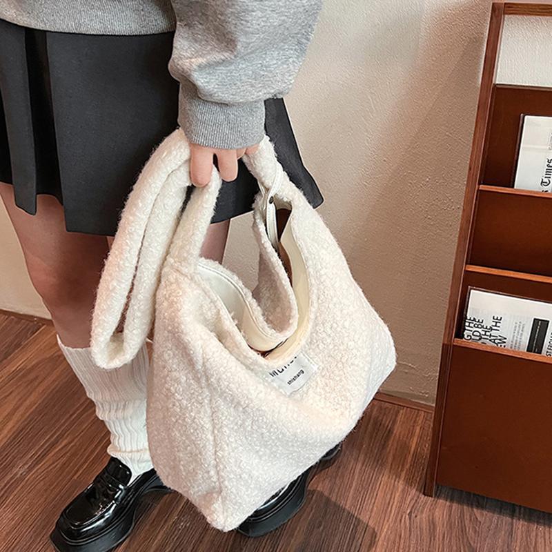 Women's Solid Color Imitation Sherpa Warm Plush Shoulder Bag with Inner Pocket Vintage Crossbody Handbag for Work & Travel KTY