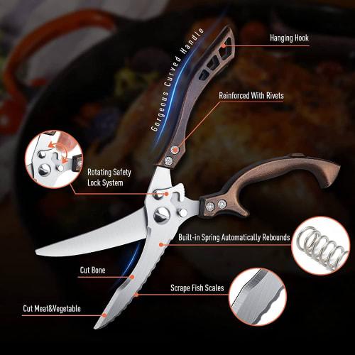 Heavy-Duty Serrated Edge Chicken Shears - for Chicken, Bones, Meat, Turkey, and Fish - Rust-Proof, Spring-Loaded Stainless Steel Kitchen Scissors