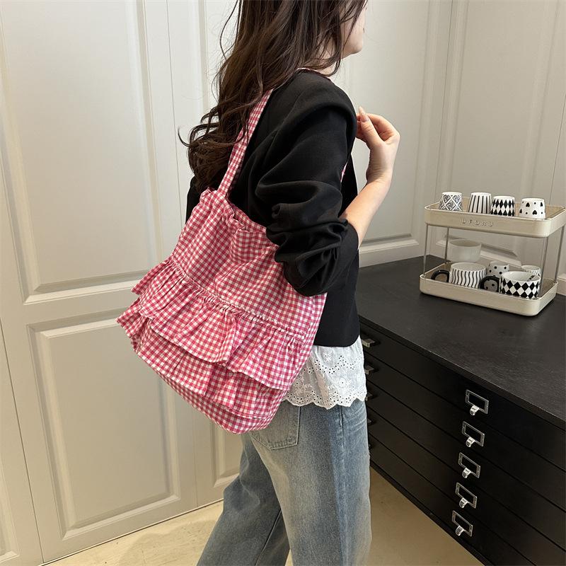 Cute Plaid Cotton Tote Bag Large Capacity Ruffle Handbag Large Capacity Shoulder Bags  Sweet Commuting Bag For Women Gift