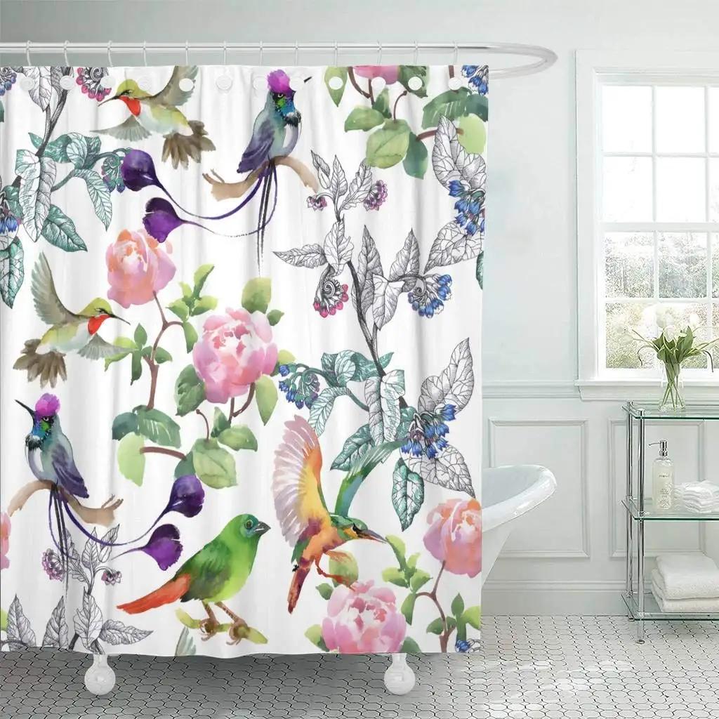 Flowers And Leaves Shower Curtain Pink Floral Plant Printed Garden Fabric Bath Curtain Hooks Home Decor Bathroom Accessories Set