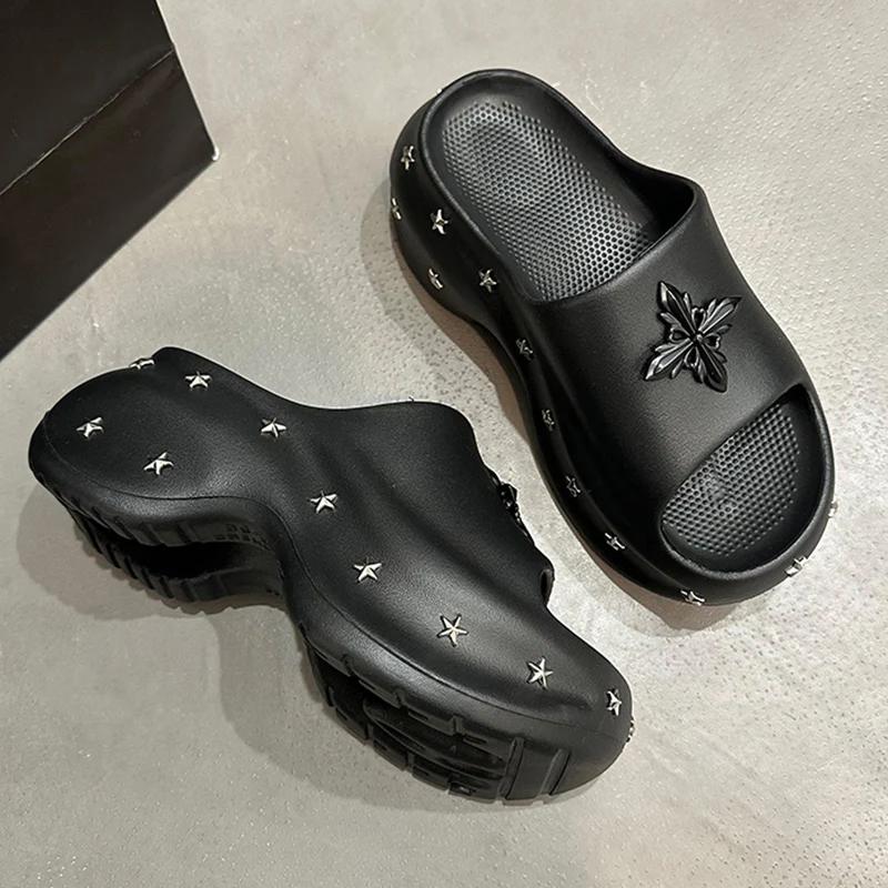 Fashion Fashion Star Rivets Chunky Platform Slippers Women Summer Punk Wedge Heel Sandals Woman Outdoor Beach Non Slip Soft Eva Slides
