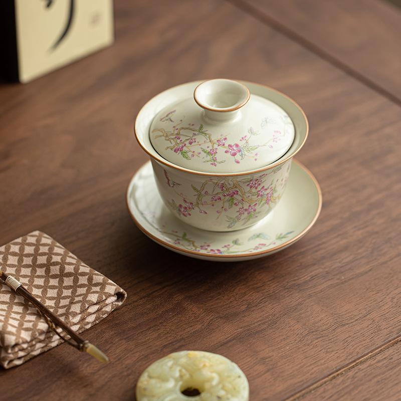 Ru Kiln Wisteria Flower Sancai Cover Bowl Chinese High-end Ceramic Tea Bowl Kung Fu Tea Set Cover Bowl Cup Single Tea Ware