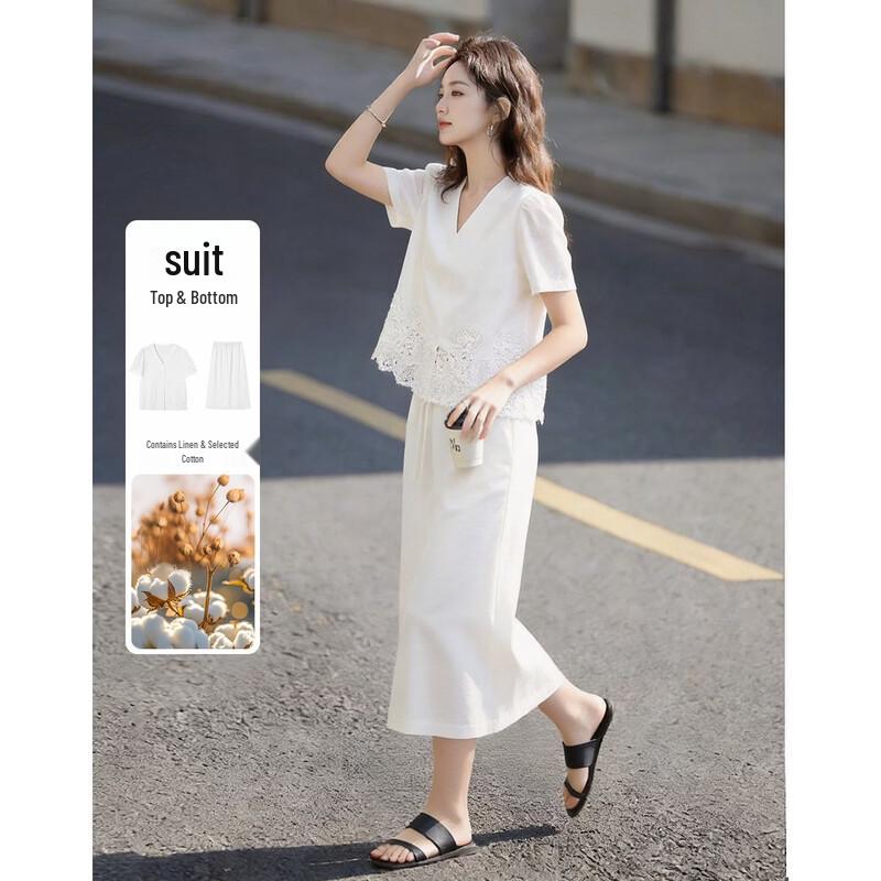 Demana Linen-Cotton Blend Lace Embroidered Two-Piece Set XL
