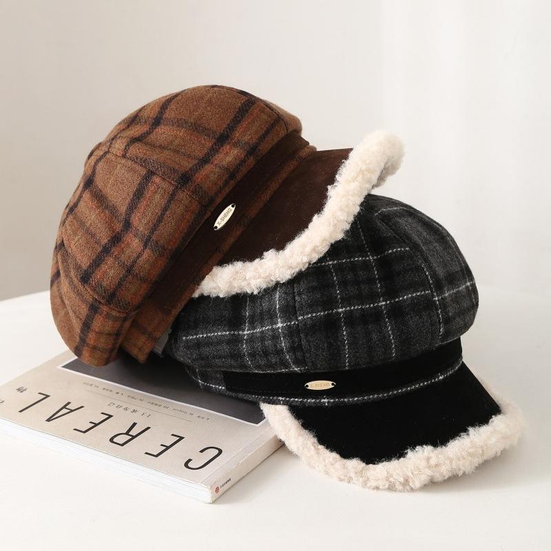 New Lamb Wool Fashion Octagonal Hat Women's Warm and Cold-proof Cap Retro Plaid Newsboy Hat Winter