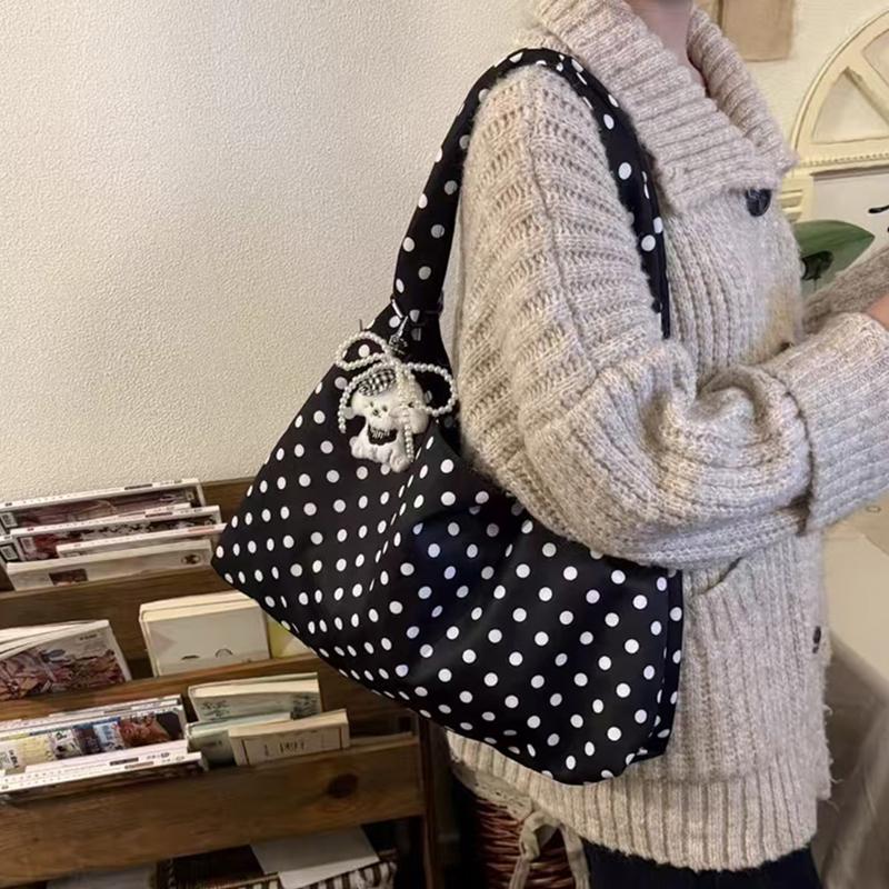 Korean Polka Dot Canvas Tote Bag Women Versatile Casual Shoulder Crossbody Bag Simple Fashion Handbag For Daily Commute Outings