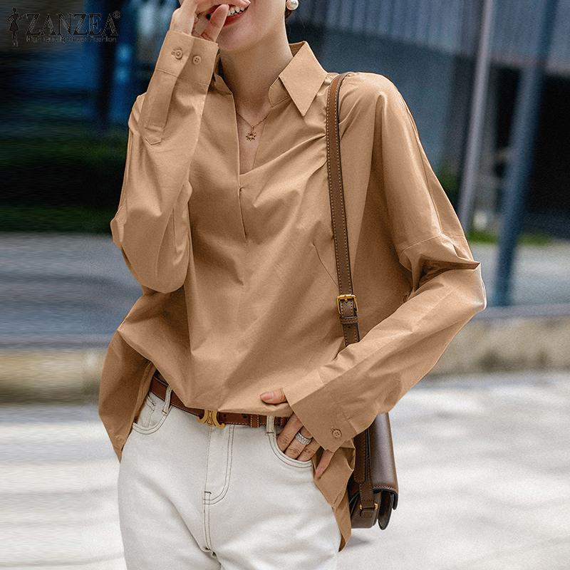 

ZANZEA Повседневные рубашки-блузки с длинным рукавом с отложным воротником для женщин