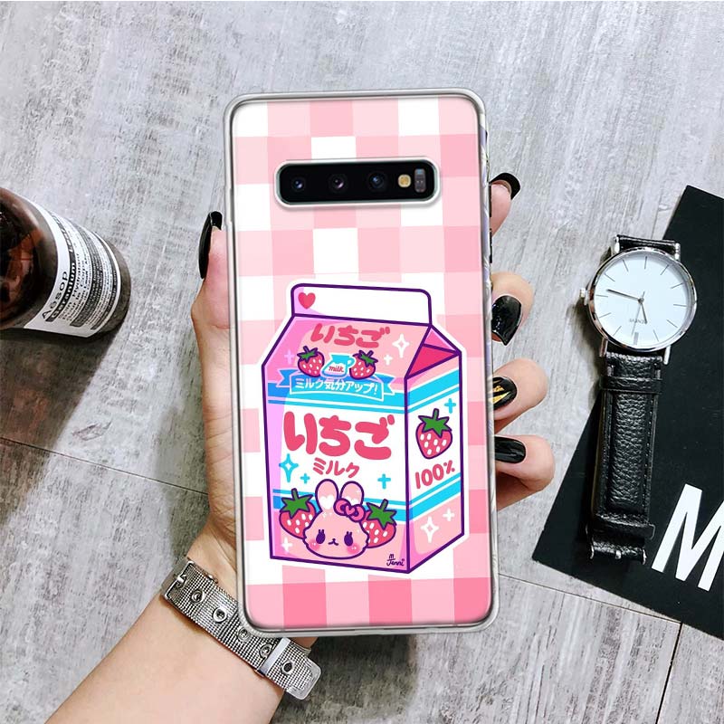 Kawaii Japanese Strawberry Milk Box Phone Case For Samsung Galaxy S26 S25 Edge S24 S23 FE S22 Ultra S21 Plus S20 + Fundas Cover
