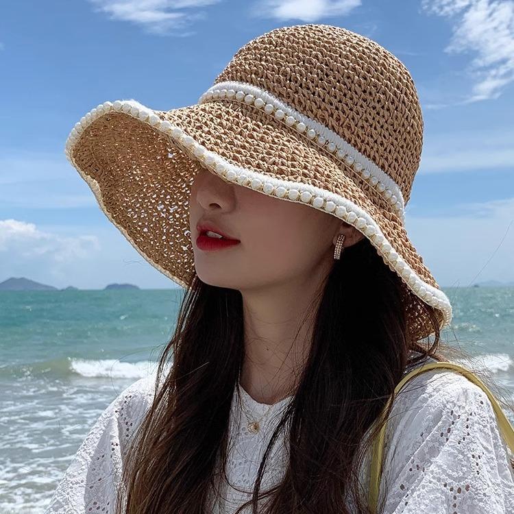 Women's Pearl Trim Straw Bucket Hat Crochet Sun Hat with Beaded Edge Wide Brim UV Protection for Summer Beach & Vacation