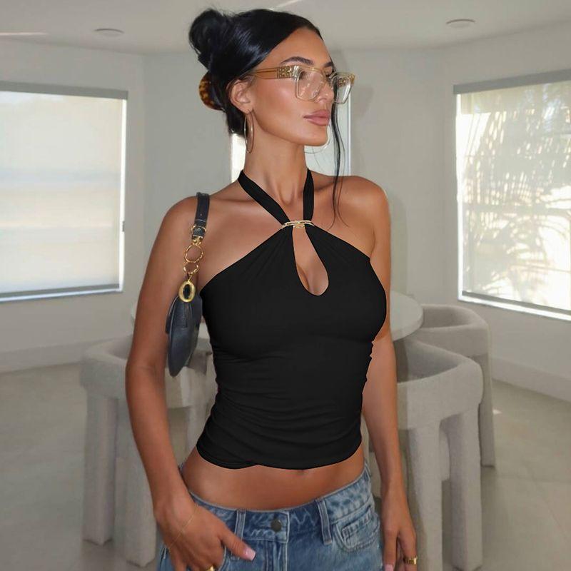 Pure Color Fancy Metal Buckle Halter Lace-up Vest 2025 Summer Wear Sexy Silm Slimming Short Top