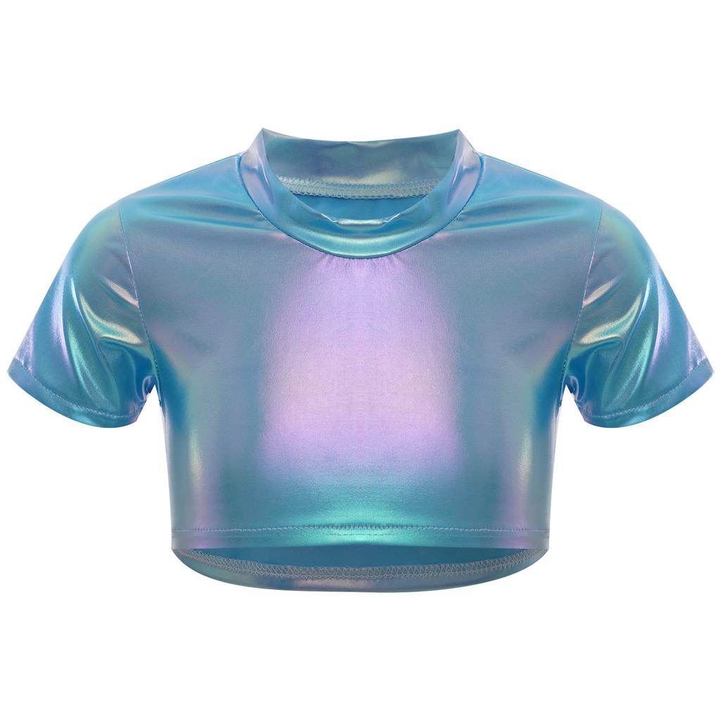 Girls Jazz Dance Top Metallic Short Sleeve Round Neck Crop Tee for Cheerleading Stage Performance
