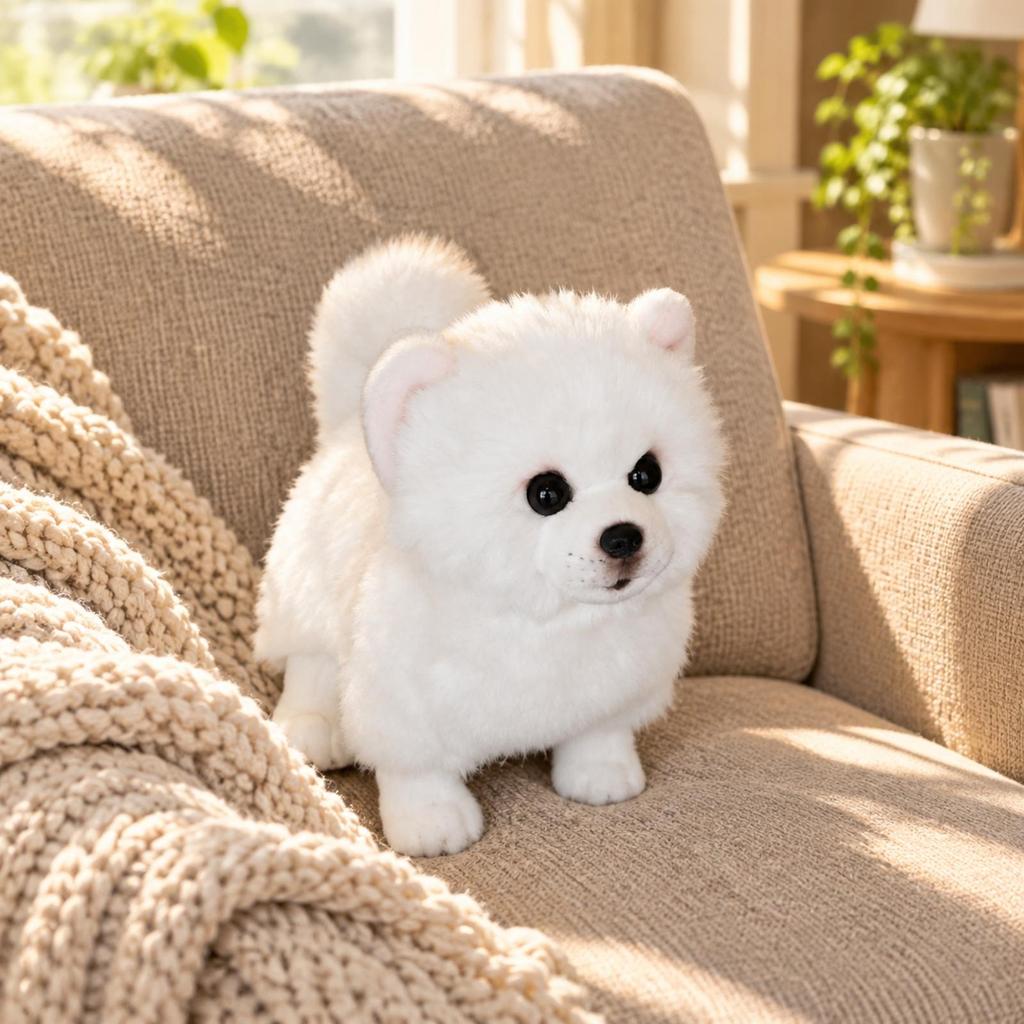 White Stuffed Toy Dog with Curled Tail Silky Soft Samoyed Cute