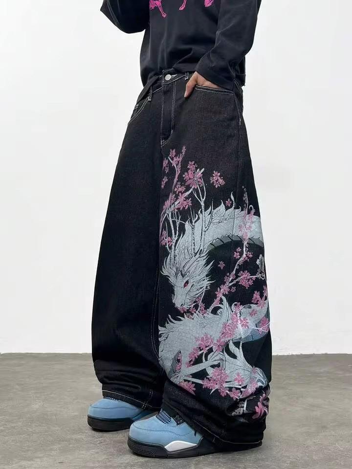 European and American Street Trend Dragon Pattern Printing Wide-leg Jeans Loose High-waisted Floor-mopping Trousers