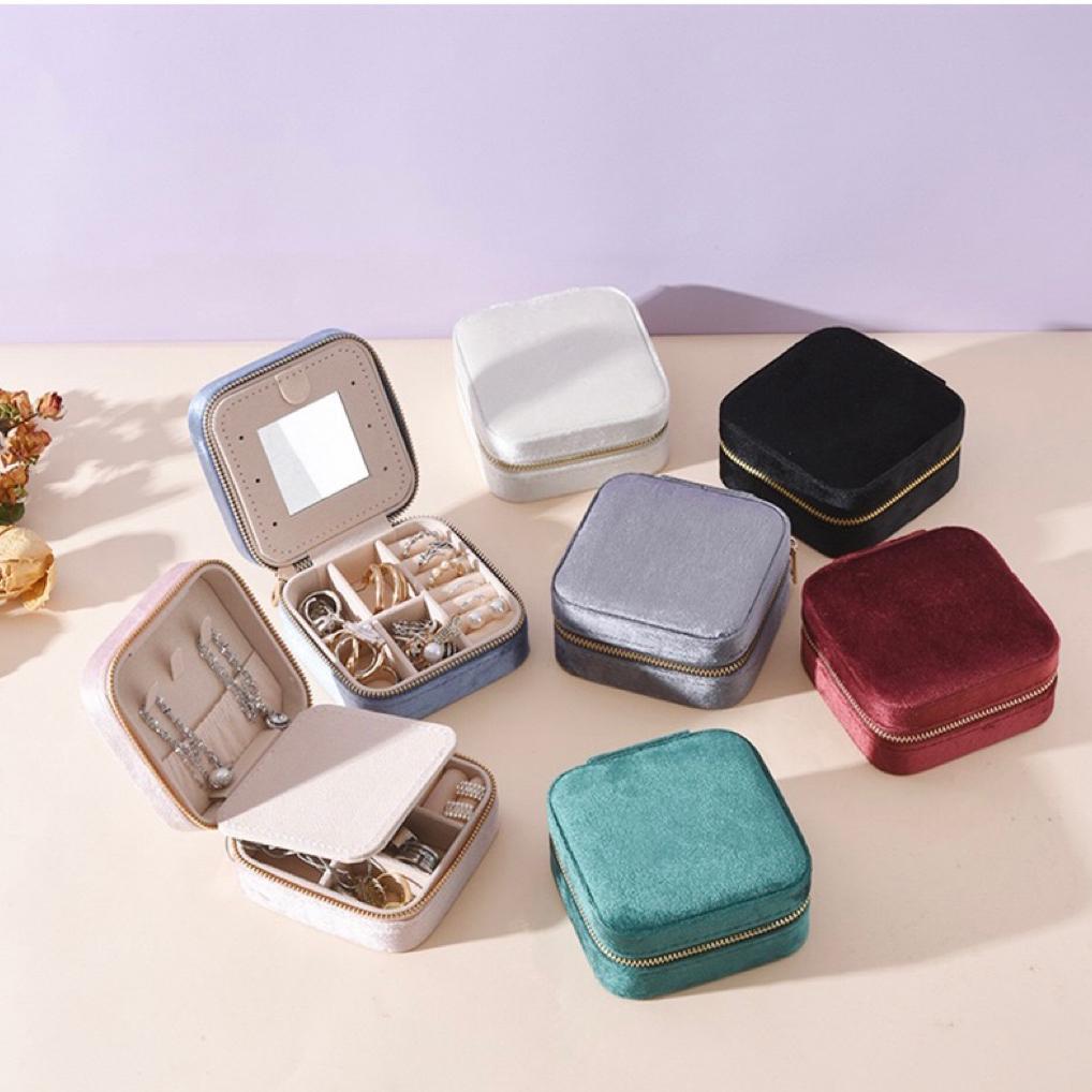 Velvet Jewelry Box Travel Portable Sqaure Zipper Boxes Necklace Bracelet Ring Earrings Jewelry Storage Case Organizers For Women