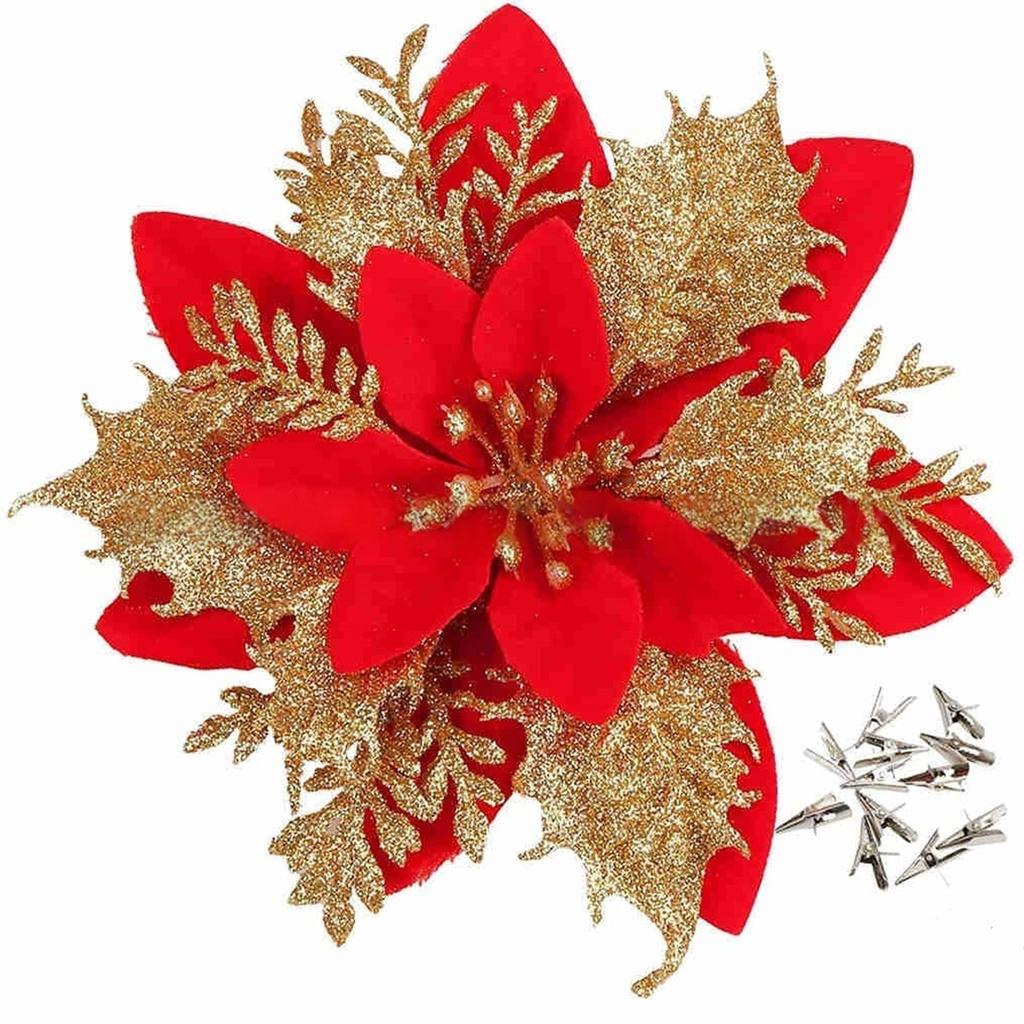 5/10pcs 14cm Glitter Artificial Flowers - Pink Red Gold Christmas Ornaments for Xmas Tree Home Decor