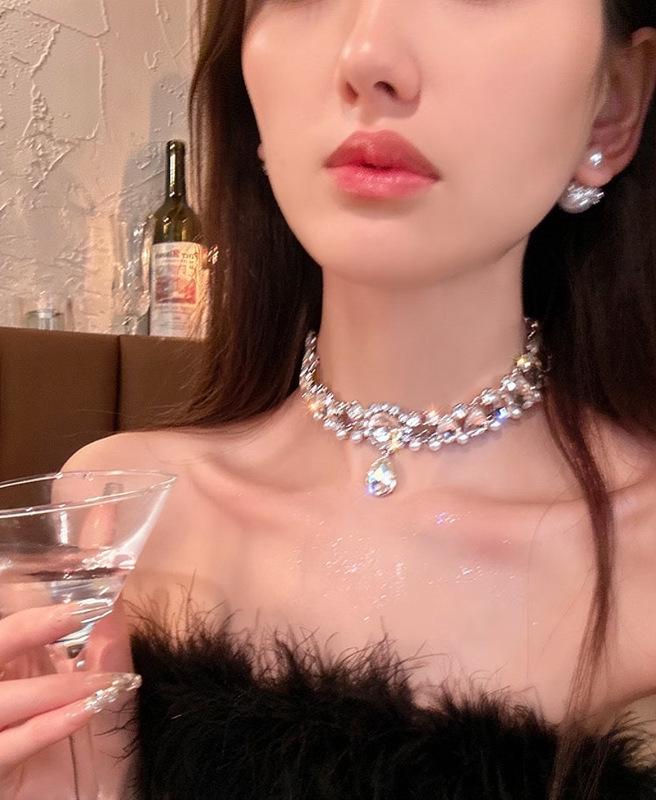 Французское Ретро Алмазный Цветок Жемчуг Капля Воды Ожерелье - Элегантная Высококачественная Цепочка на Ключицы