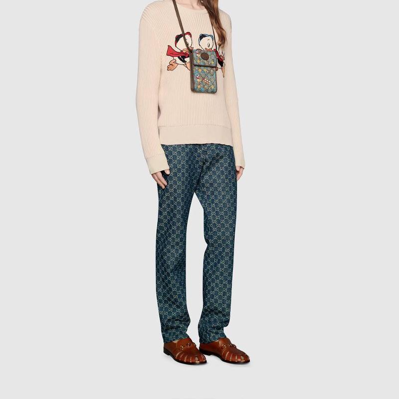 Gucci X Disney Donald Duck Print Logo Leather Canvas Flap Phone Bag Unisex Shoulder Bag Ebony 647927-2N9AT-8679