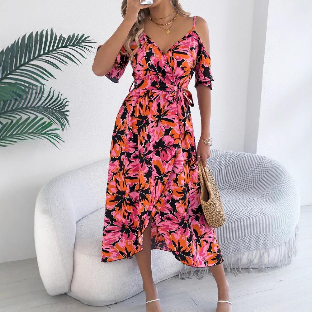 Spring Summer Strapless Cross V Neck Floral Halter Long Holiday Dresses Women