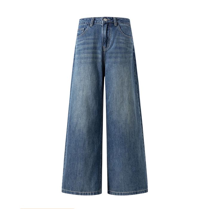 

Retro Blue Wide-Leg Floor-Length Velvet Jeans with Cat Whiskers for Women, Slimming Design in Regular & Plus Sizes XS