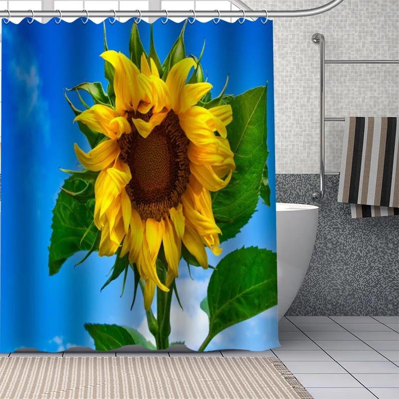 Frische Natur Sonnenblumen Kunstmuster Duschvorhang Badezimmer Dekoration Wasserdicht Polyestergewebe Badewannen-Bildschirm Mit Haken