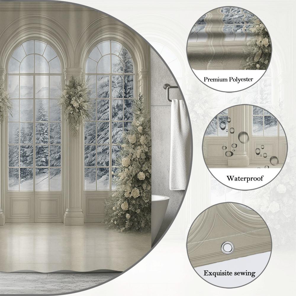 Winter Wonderland Shower Curtain Snowy Forest View Through Classical Arched Windows Elegant Home Decor Waterproof Elevate Space