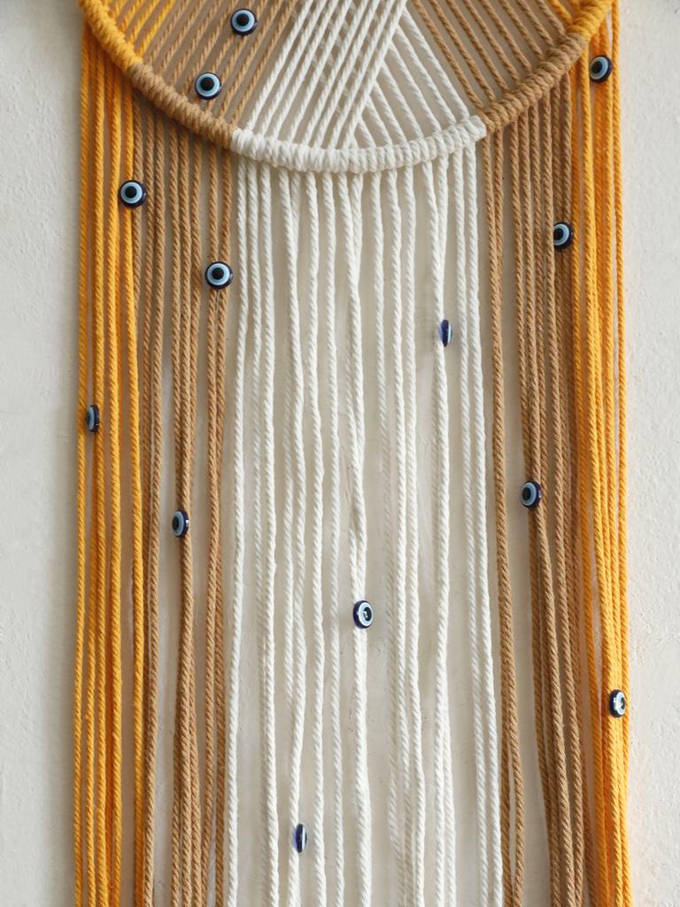 Handmade Macrame Wall Hanging with Fringe and Evil Eye Beads – Boho Chic Yarn Tapestry Home Bedroom Living Room or Nursery Decor