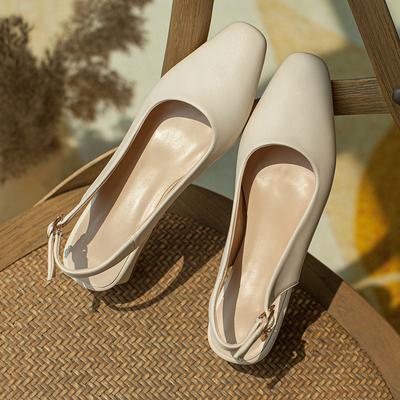 Sandalias de tacón bajo para mujer, verano, nuevas, de temperamento simple, color liso, versátiles, tamaño grande, sandalias con puntera de bolsa
