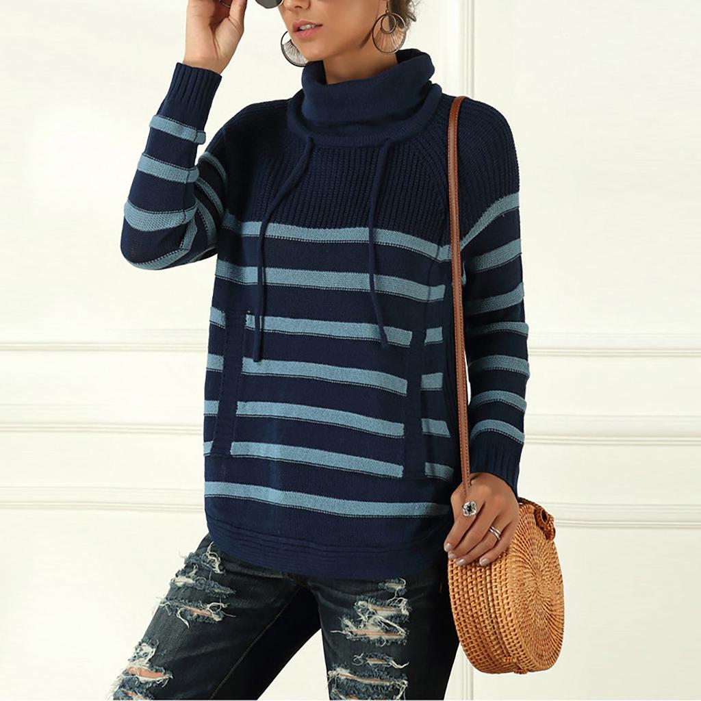 Women's Fashion Loose Classic Warm Winter Striped Turtleneck Long Sleeve Knit Sweater