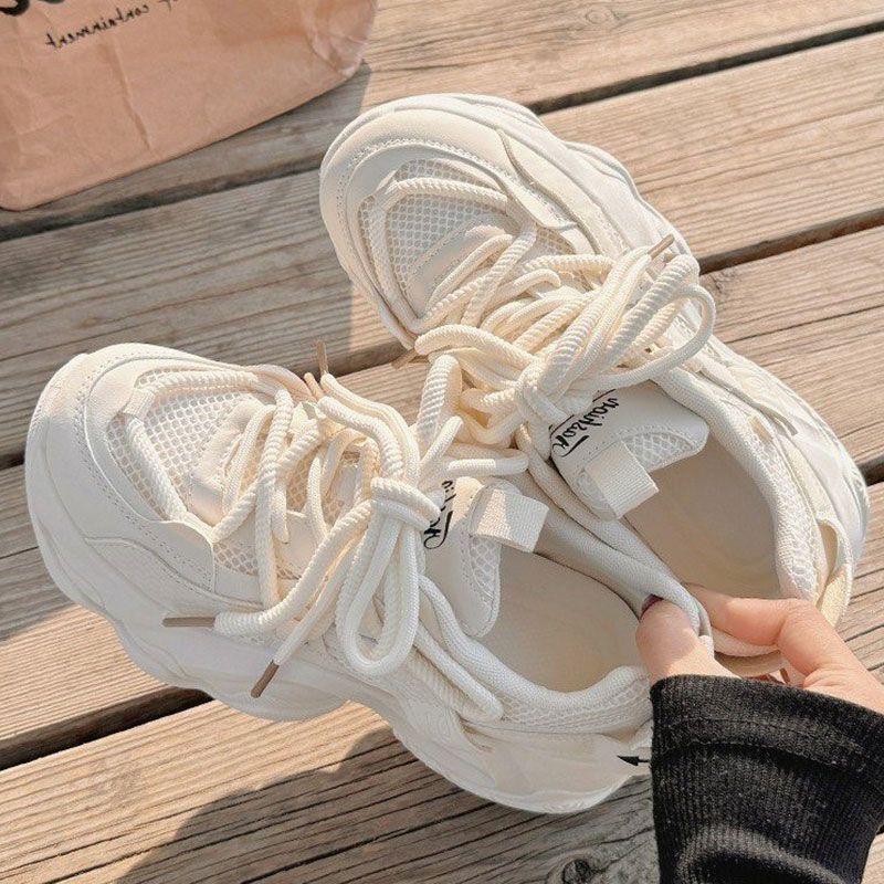 Fashion Spring Summer Thick Women Vulcanized Shoes Mesh Breathable Comfortable Sports Shoes Women Platform Shoes Casual Beige Sneakers
