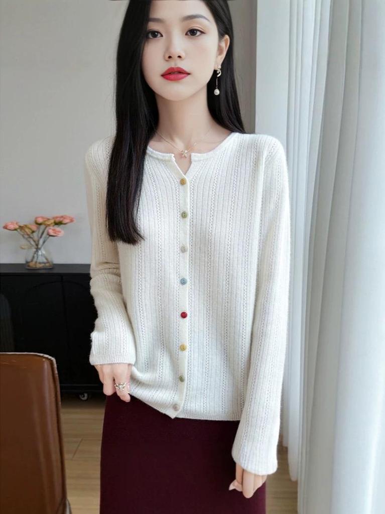 Women's Slim Fit Ribbed 100% Wool Knitted Cardigan – Round Neck, Long Sleeve, Flattering Autumn/Winter Sweater