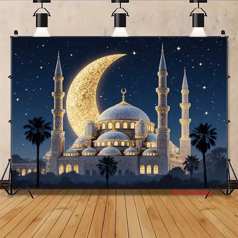 2D Eid Mubarak Mosque Banner, Golden Crescent Moon and Stars