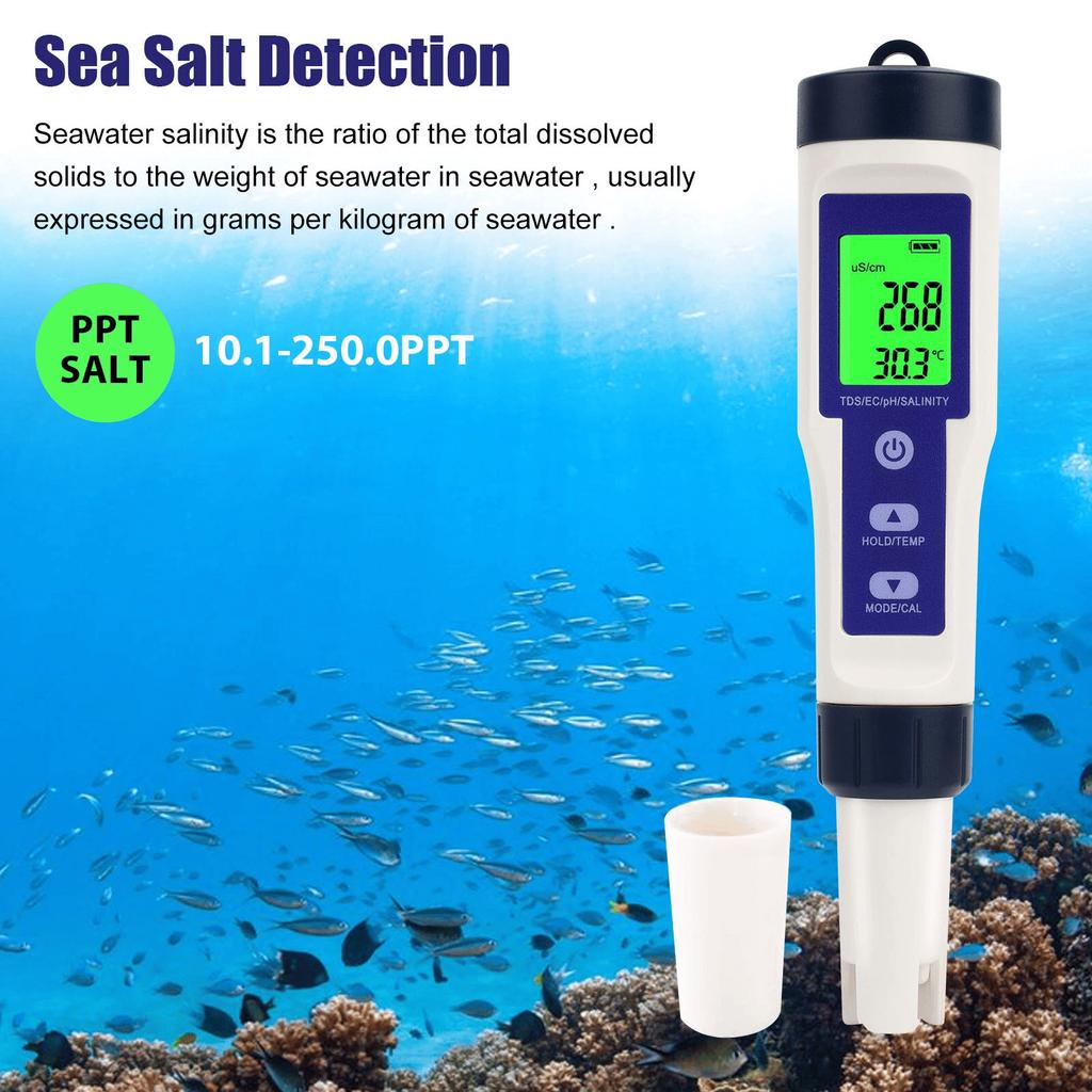 PH Tester 5 IN 1 PH Temperature TDS EC Salinity Meter Digital Waterproof With Automatic Calibration Function Water Quality