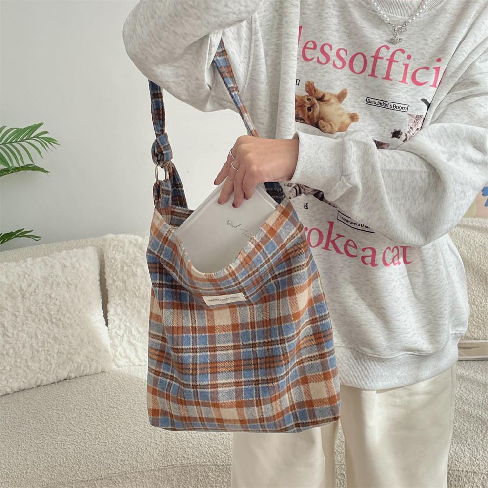 Trendy Checkered Wool And Canvas Shoulder Bag For Daily Casual Outfits