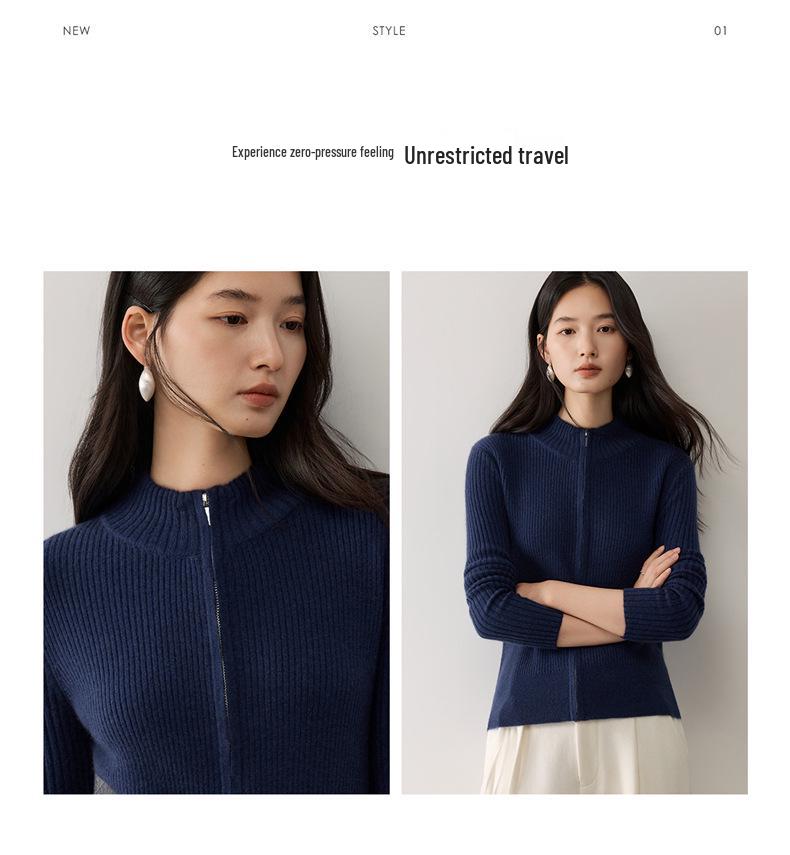 Lekasha Striped Cashmere Stand Collar Zip Cardigan