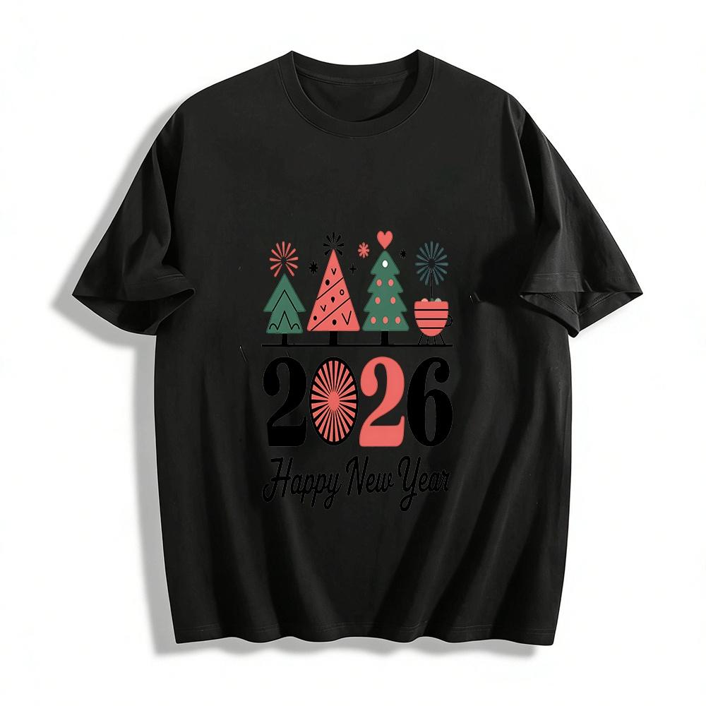 

2026 Happy New Year Fun Tree Print Casual Holiday Vibe Top Pure cotton T-shirt XXS