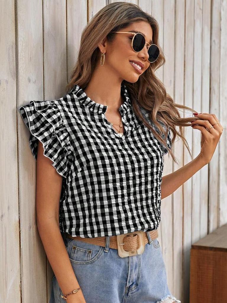Summer Tops Double Layer Ruffled Hem Cute Sweet Girls' Dresses Check Short Sleeve