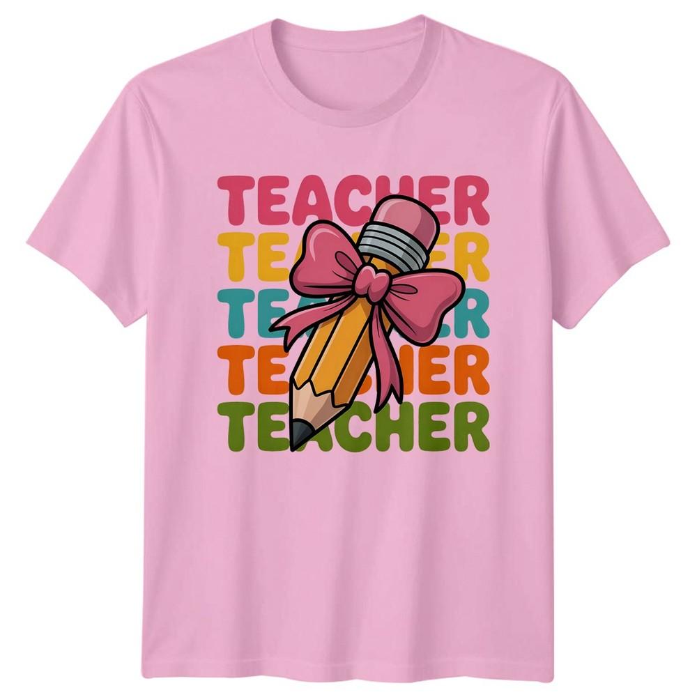 Teacher Groovy Repeating Text Design Unisexs TShirt School Pencil Bow