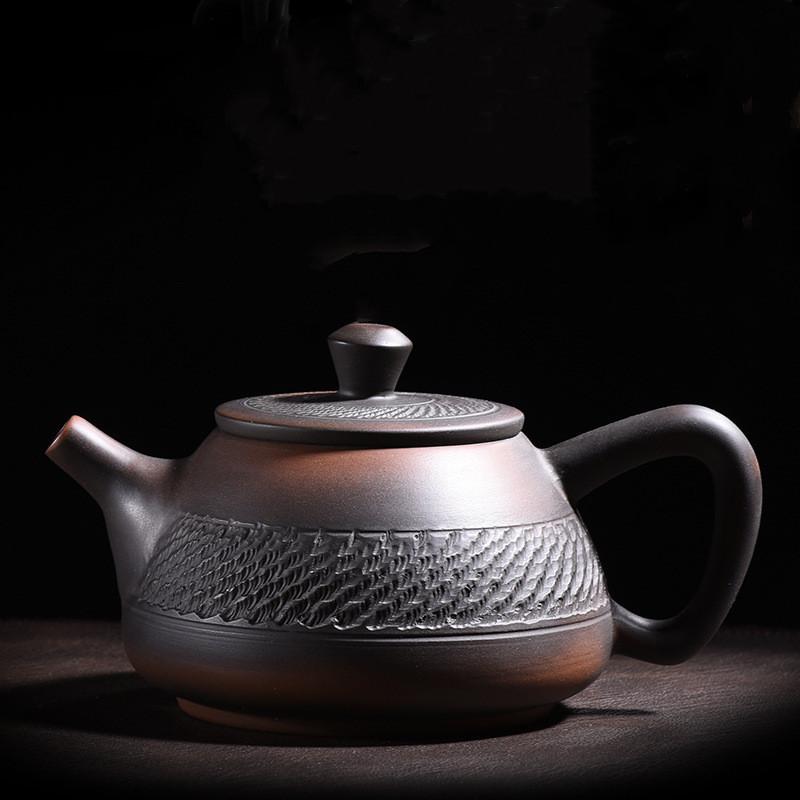 Tetera de cerámica morada, tetera de cerámica, juego de té de kung fu, cuchillo de salto, olla tallada, olla individual hecha a mano