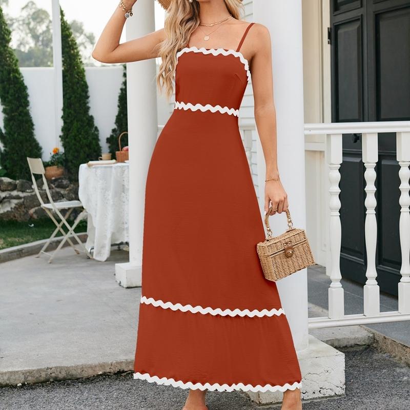 

IHUASU Лето-весна однотонное женское платье средней длины без рукавов с кулиской и кружевом с высокой талией XXL кирпич красный