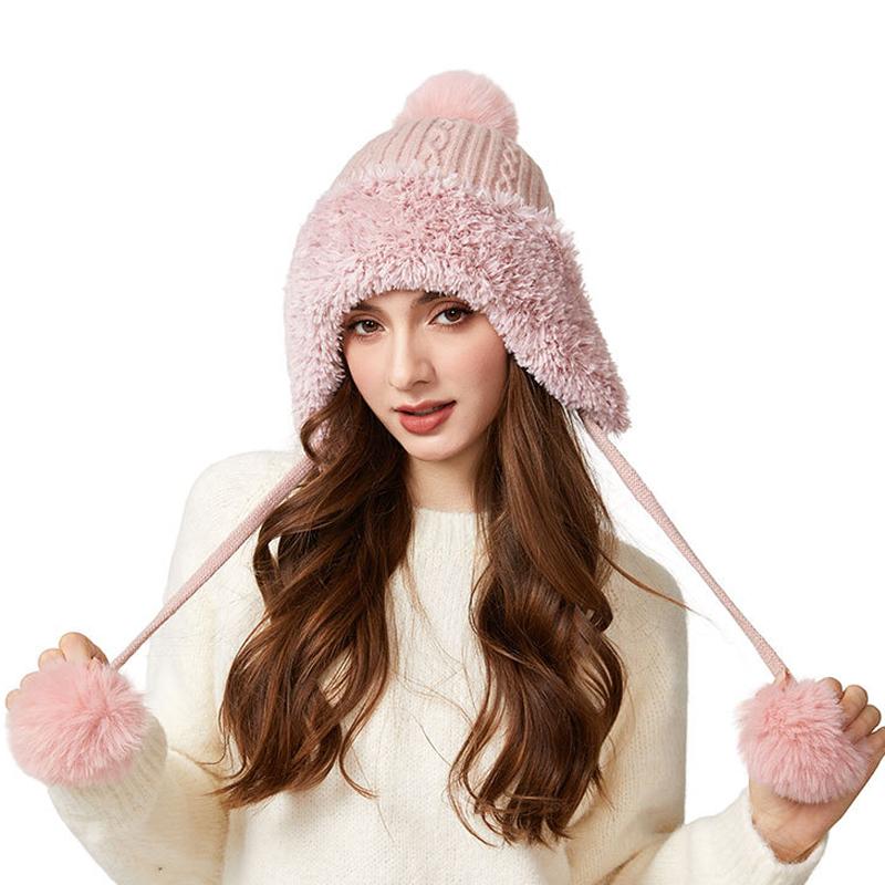 Winter Thick Ear Protection Knitted Cap Outdoor Windproof Velvet Three-Hair Ball Tether Warm Cap