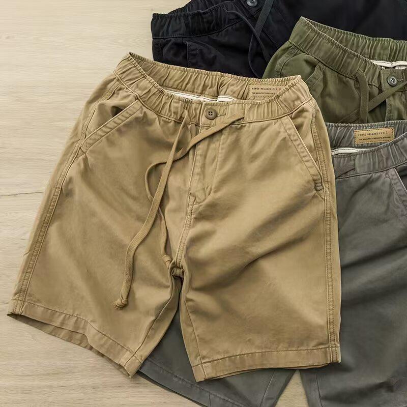 American Retro Khaki Cargo Shorts - Mid-Length, Elastic Waist, Casual Drawstring, Trendy Men's Summer Pants