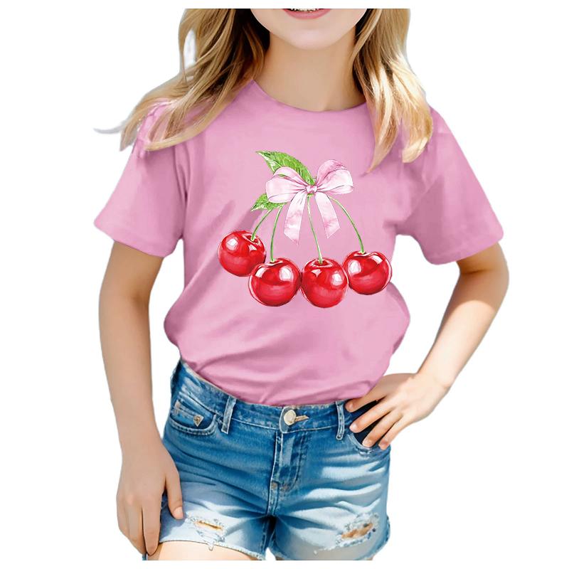 Fruit Cherry Print New Childrens Clothing Style Childrens Shortsleeved Tshirt Printed Round Neck Burst Girls Tshirt