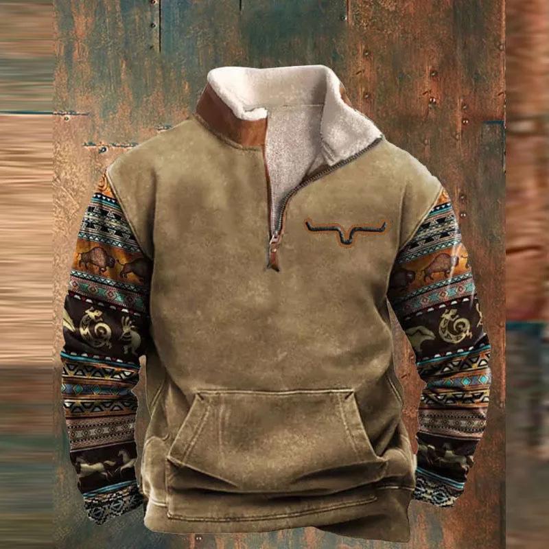 2025 Retro 3D Print Stand Collar Velvet Men's Hoodie for Autumn/Winter
