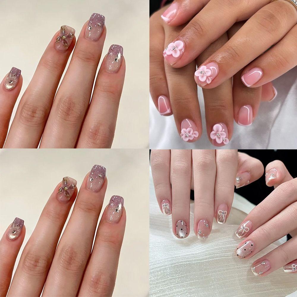 24pcs Flower Bow False Nails French Fake Nails Manicure Nail Tips DIY