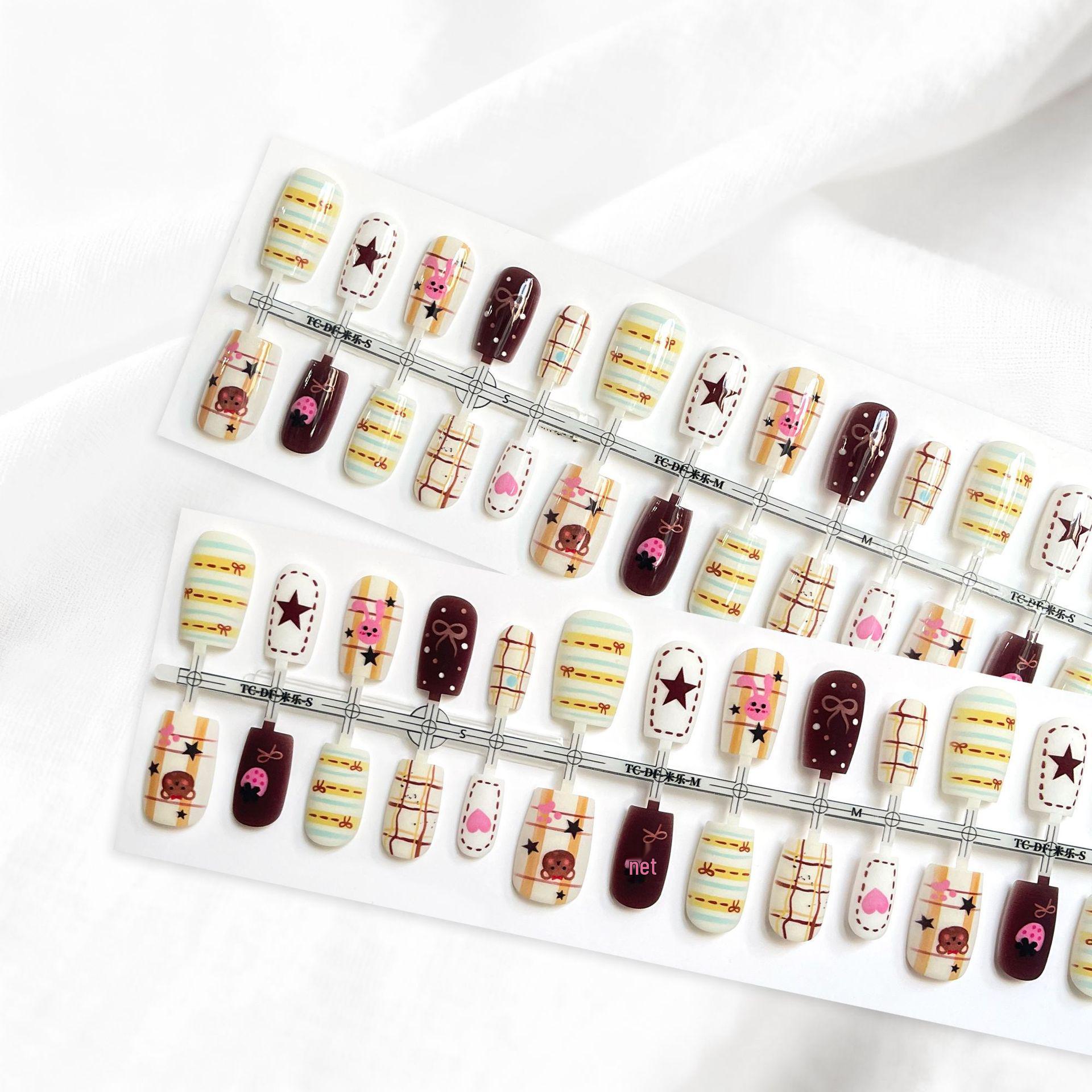 Autumn/Winter Plaid French Manicure False Nails - Sweet Cartoon Style, Gradient Cool Design No Top Coat S+M+S+XS